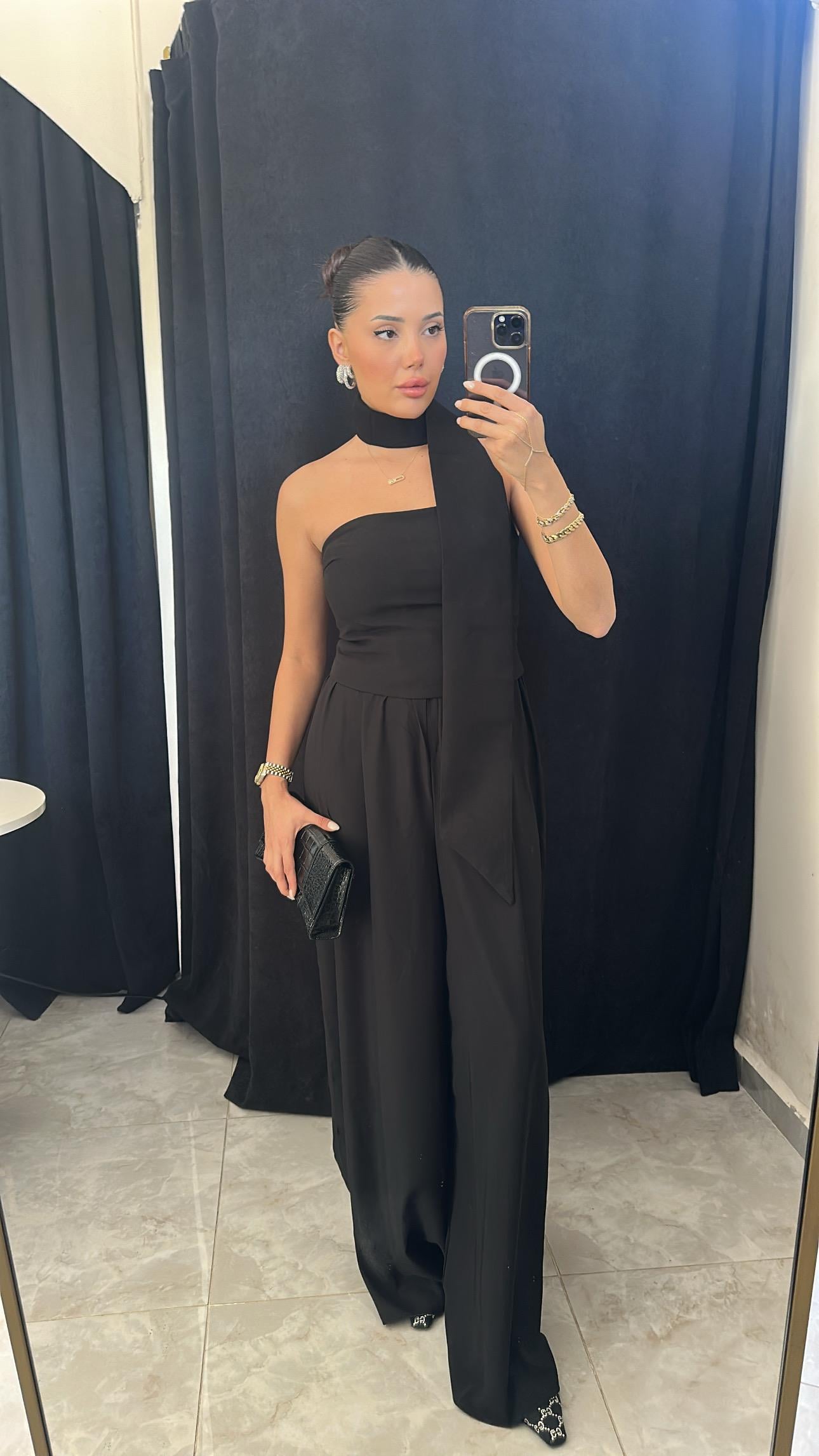 Fular Detaylı Top & Pantolon Takım - Siyah