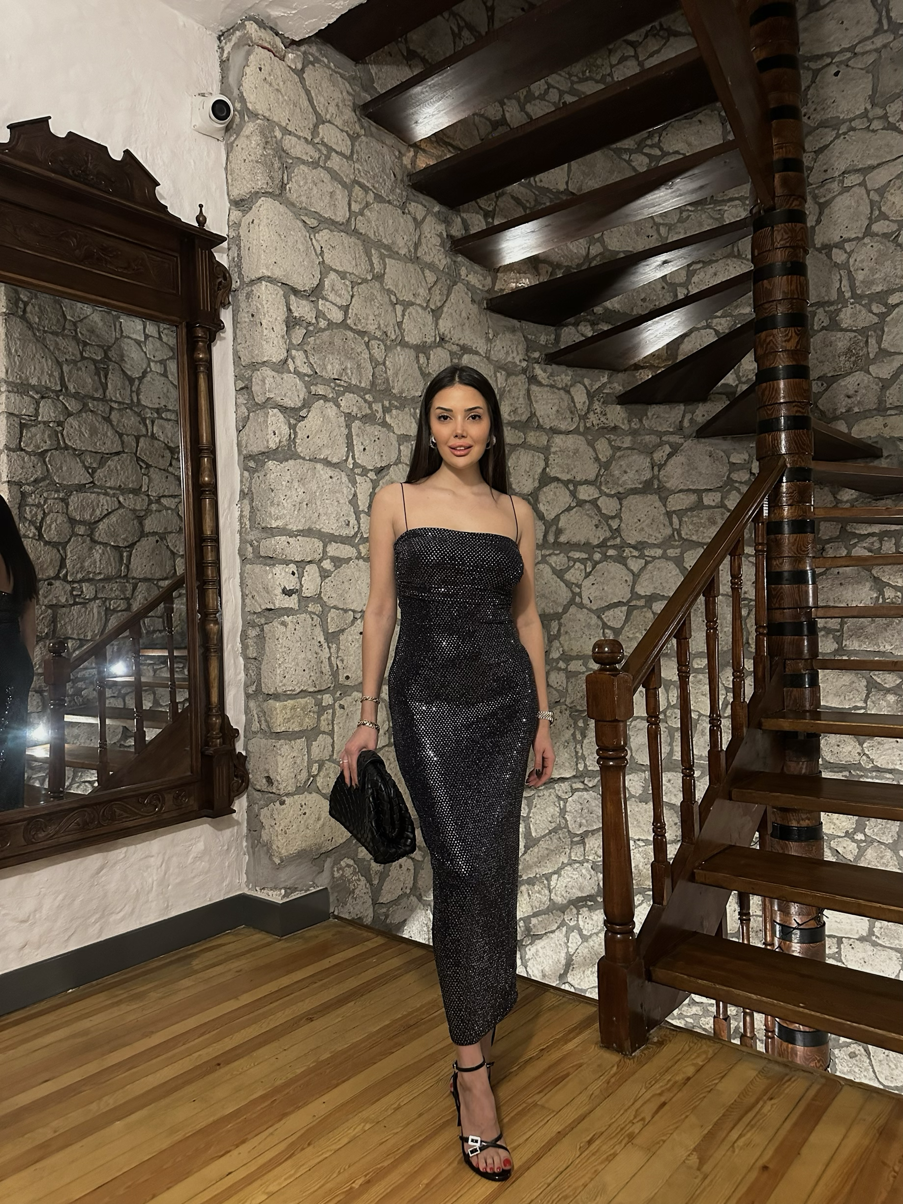 İp Askılı Pullu Midi Elbise