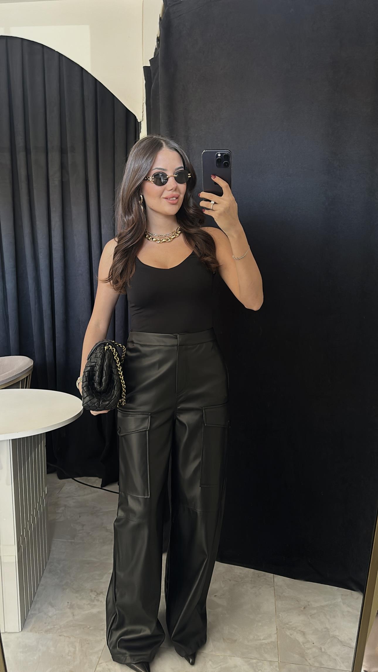 Siyah Şardonlu Kargo Model Deri Pantolon