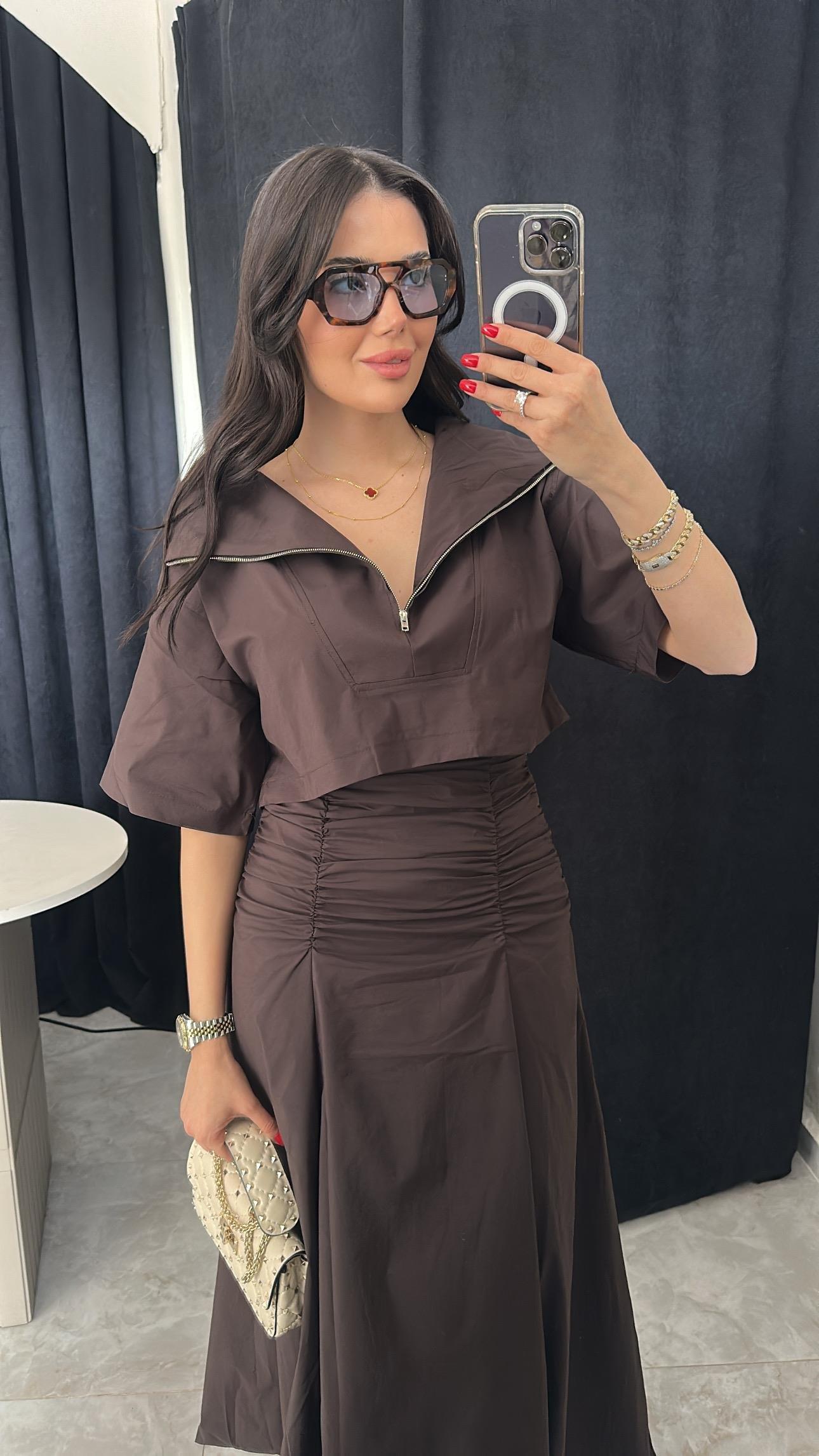 Poplin Kumaş Fermuar Detaylı Bluz Kahverengi
