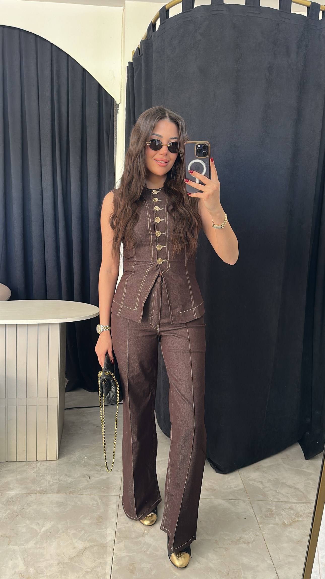 Denim Kahverengi Gold Düğmeli Takım