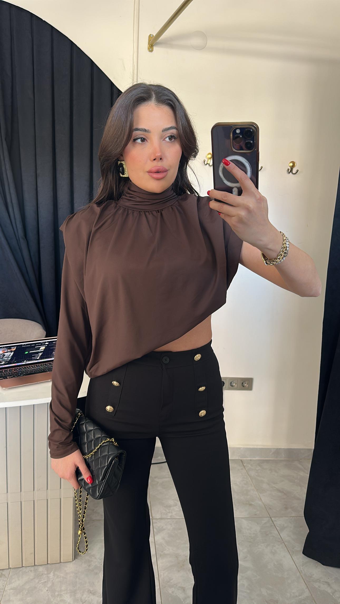 Tasarım Vatkalı Asimetrik Bluz - Kahve
