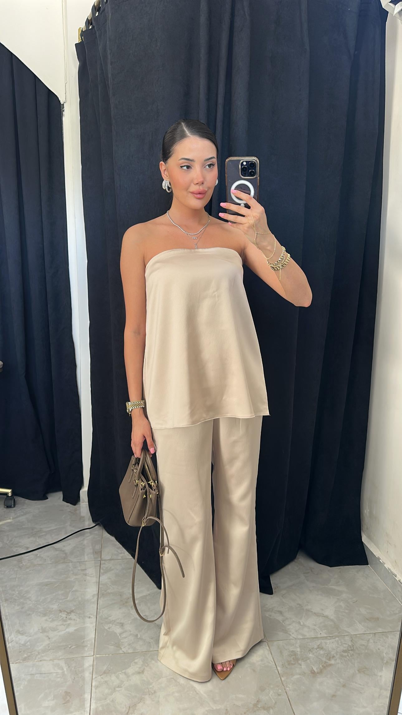 Premium Saten Straplez Bluz & Pantolon Takım
