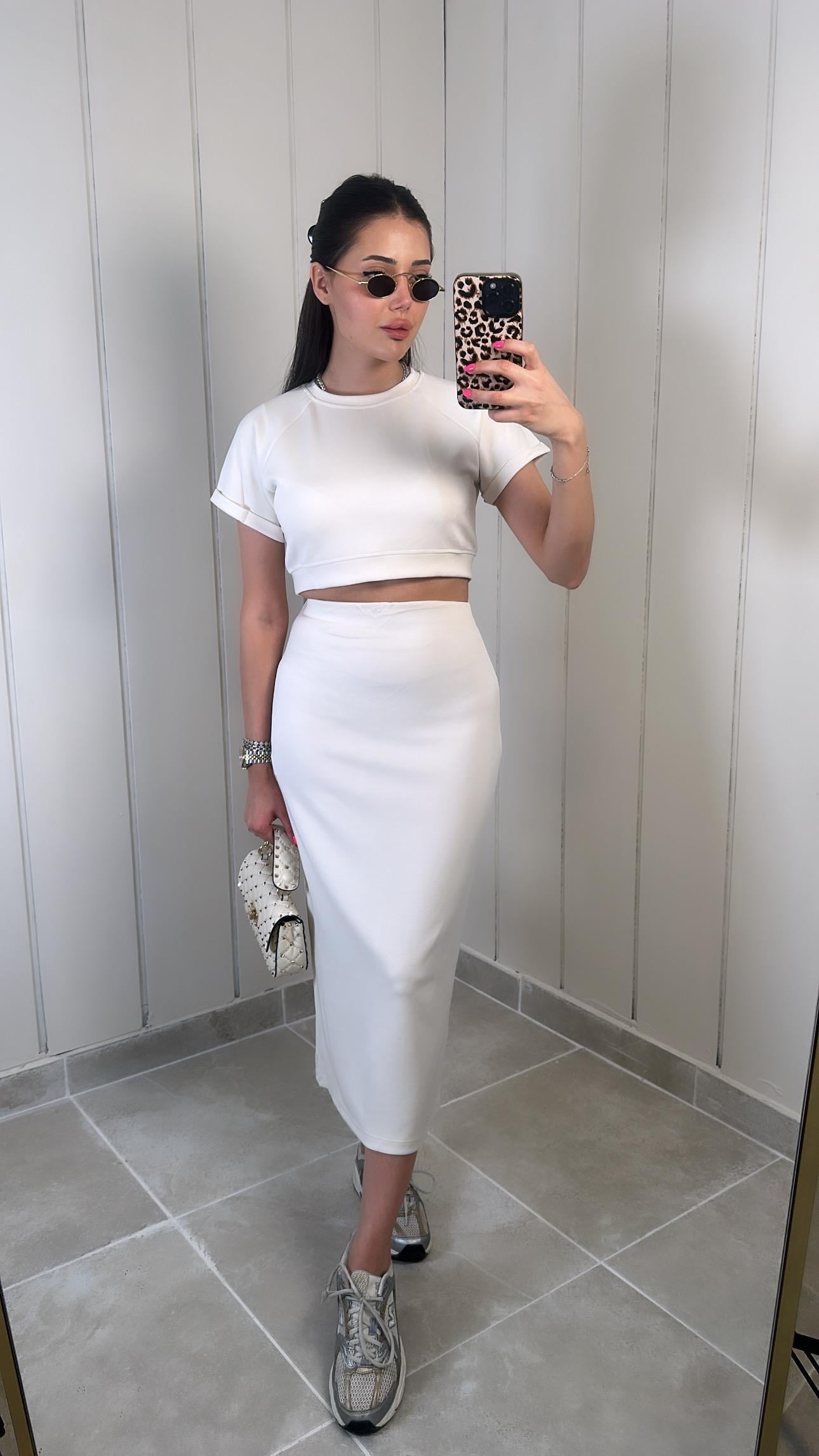 Modal Ekru Midi Etek Crop Takım
