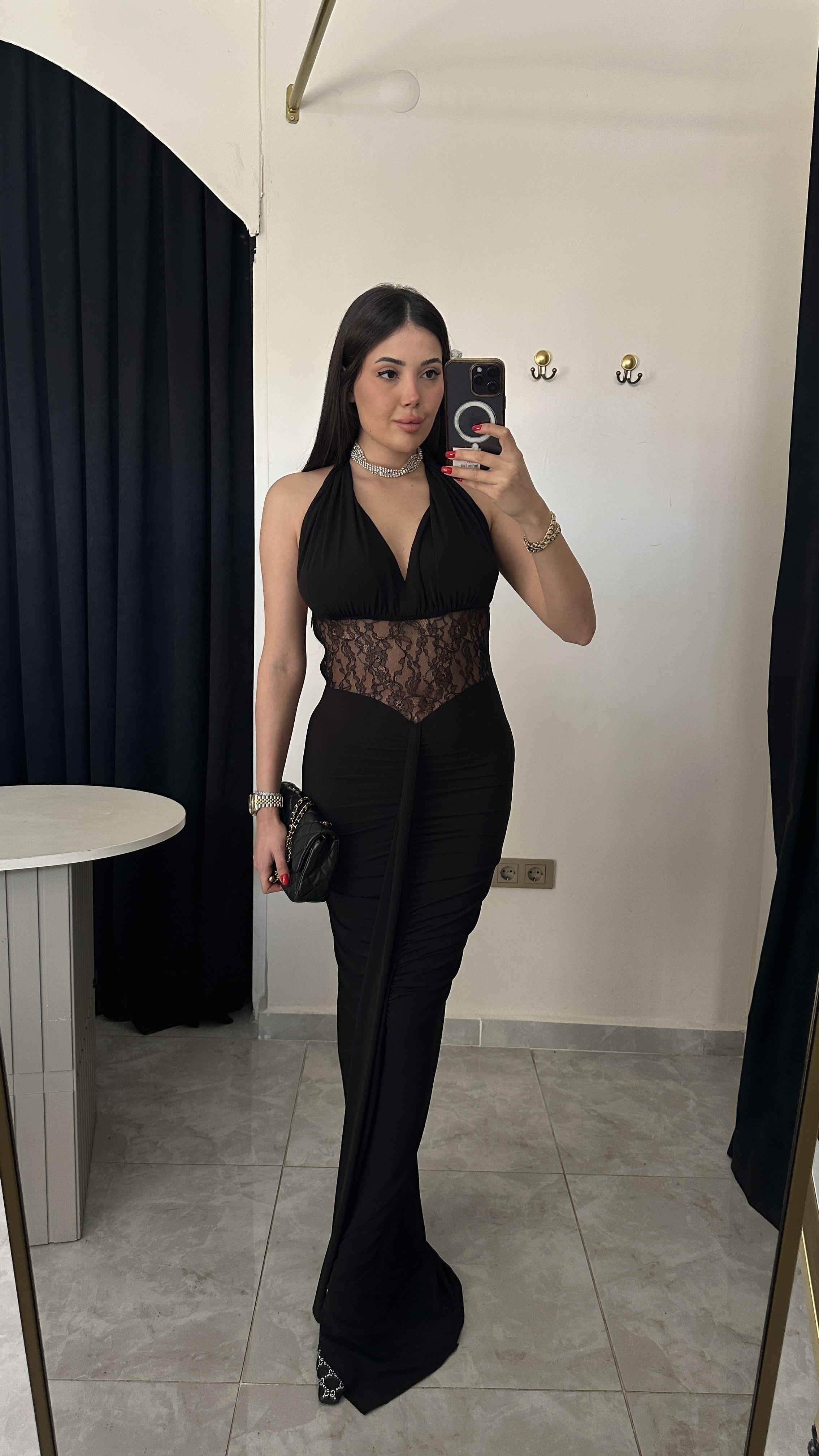 Halter Yaka Dantel Maxi Elbise 