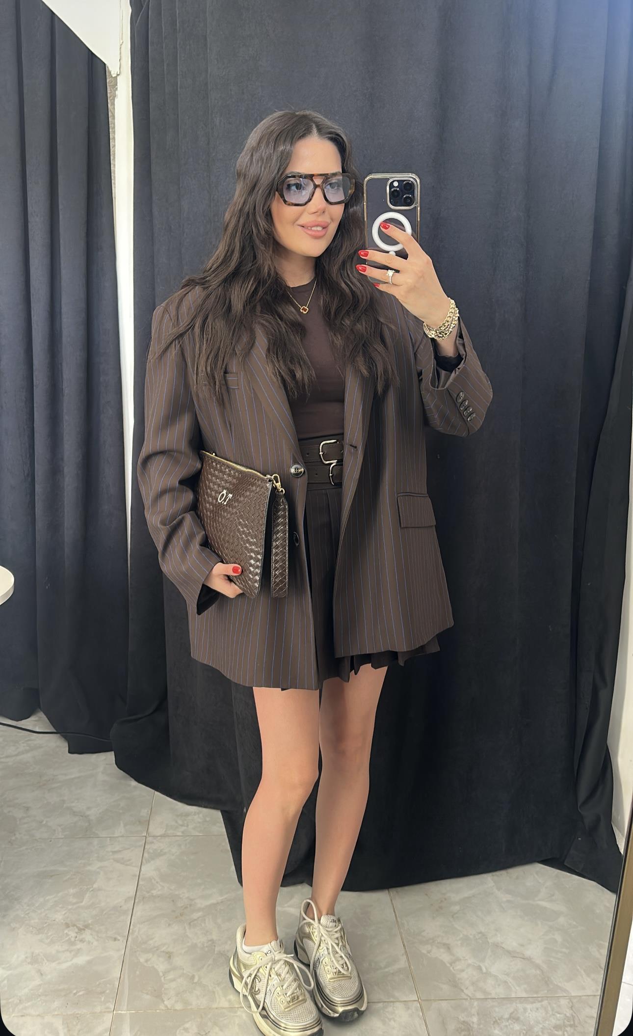 Kahverengi Mavi Çizgili Etek&Blazer Takım
