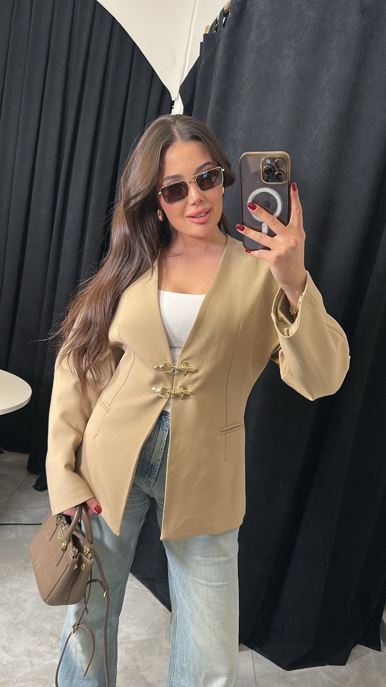 Premium Gold Kancalı Blazer - Camel