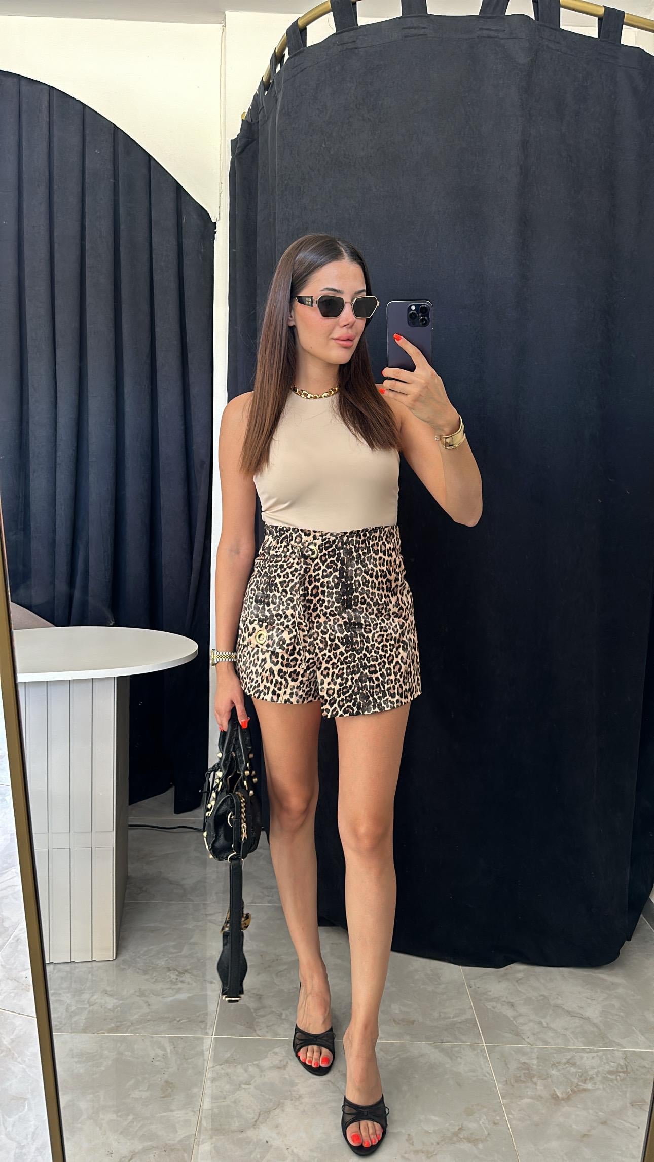 Leopar Gold Detaylı Şort Etek