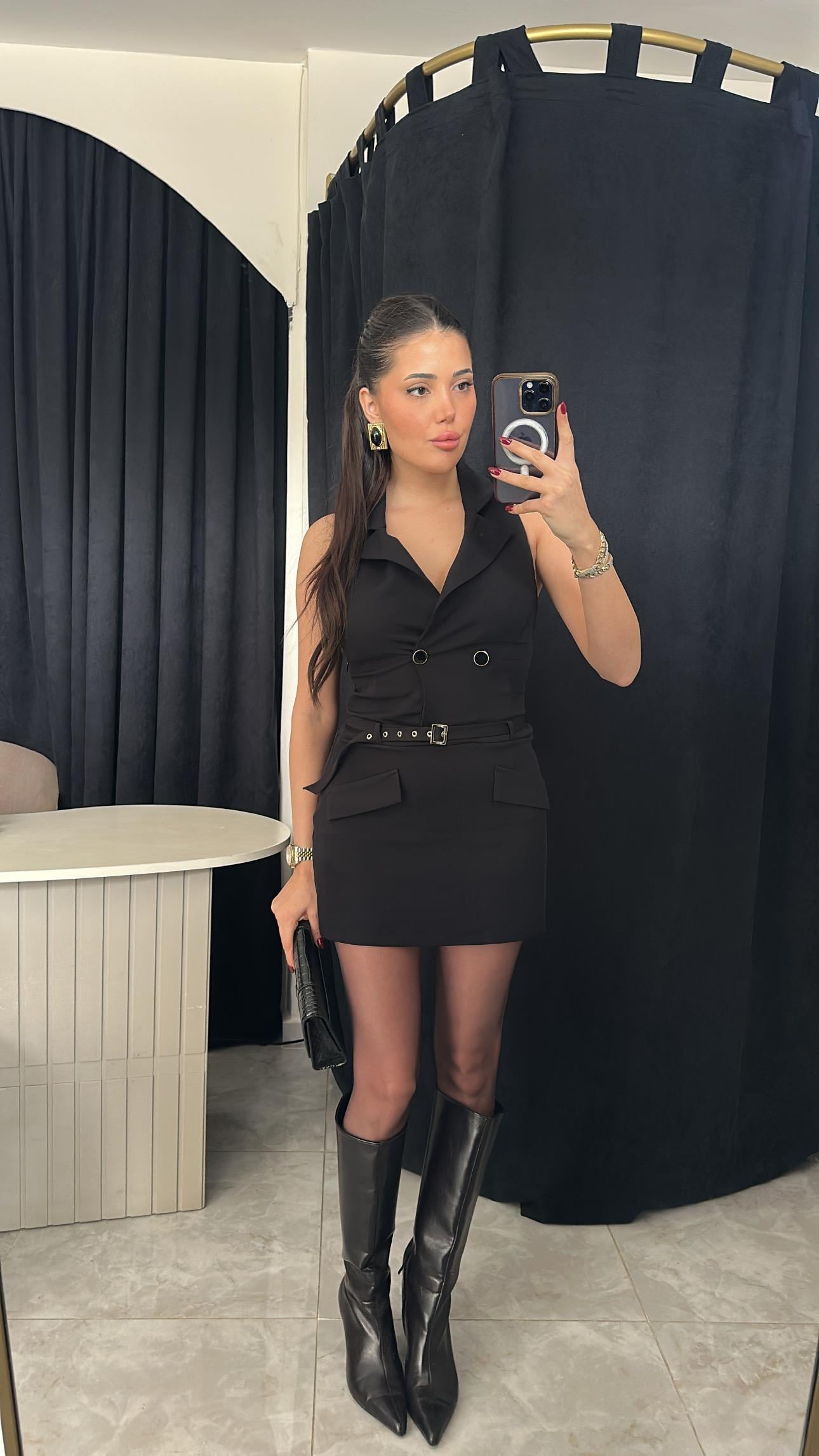 Blazer Yaka Kemerli Mini Elbise