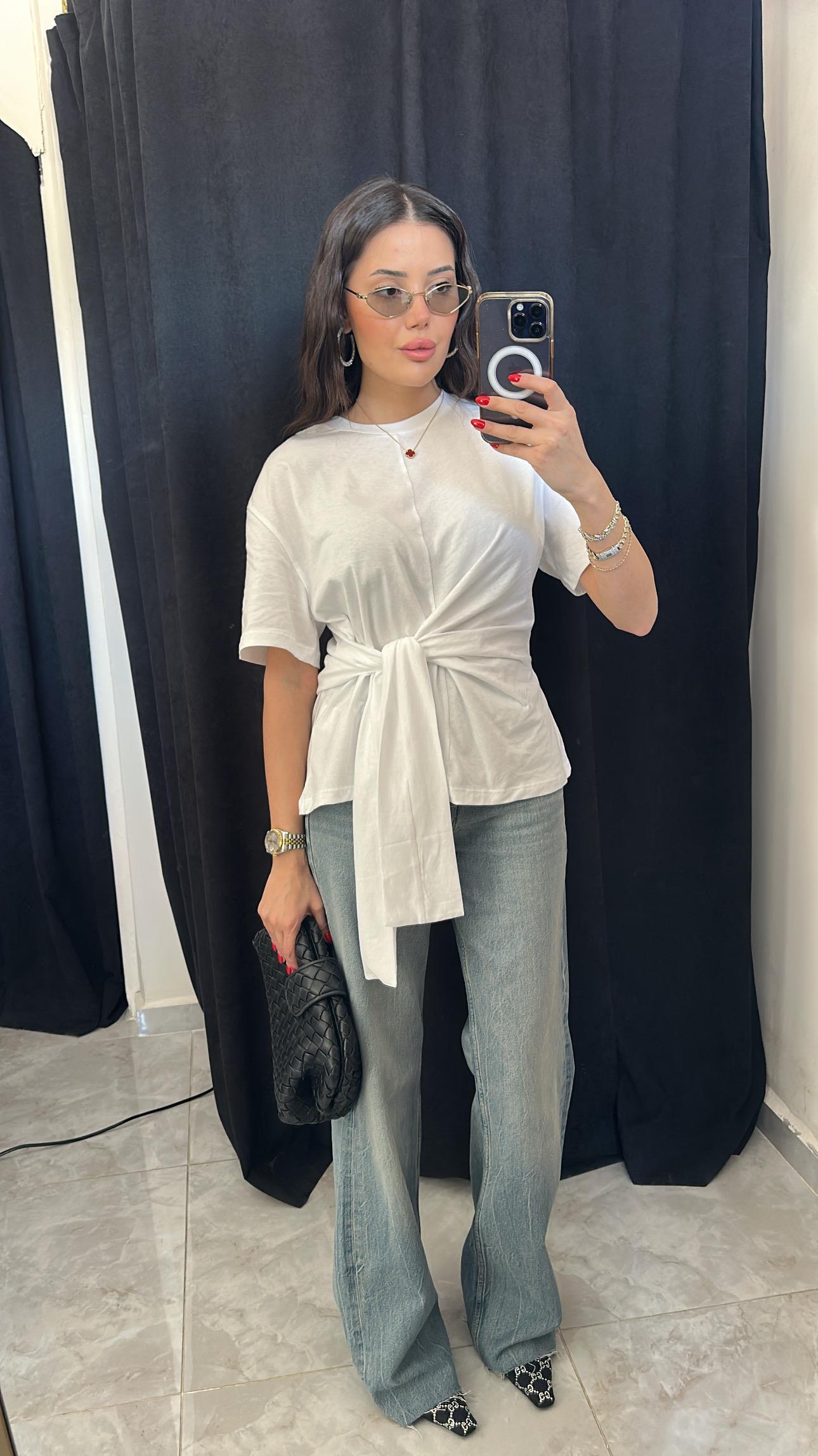Bağlama Detaylı Basic Tshirt-Beyaz