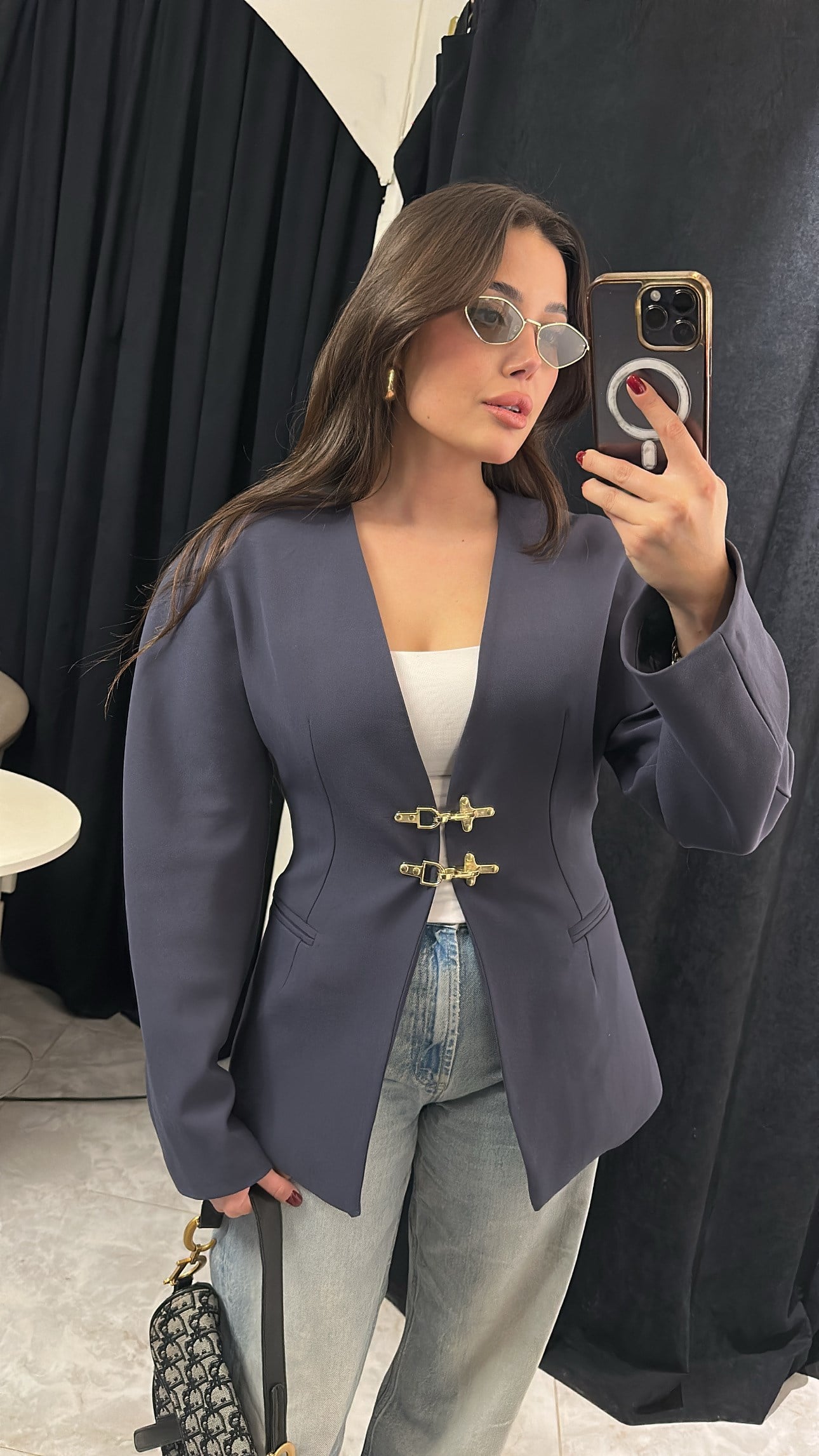 Premium Gold Kancalı Blazer - Lacivert