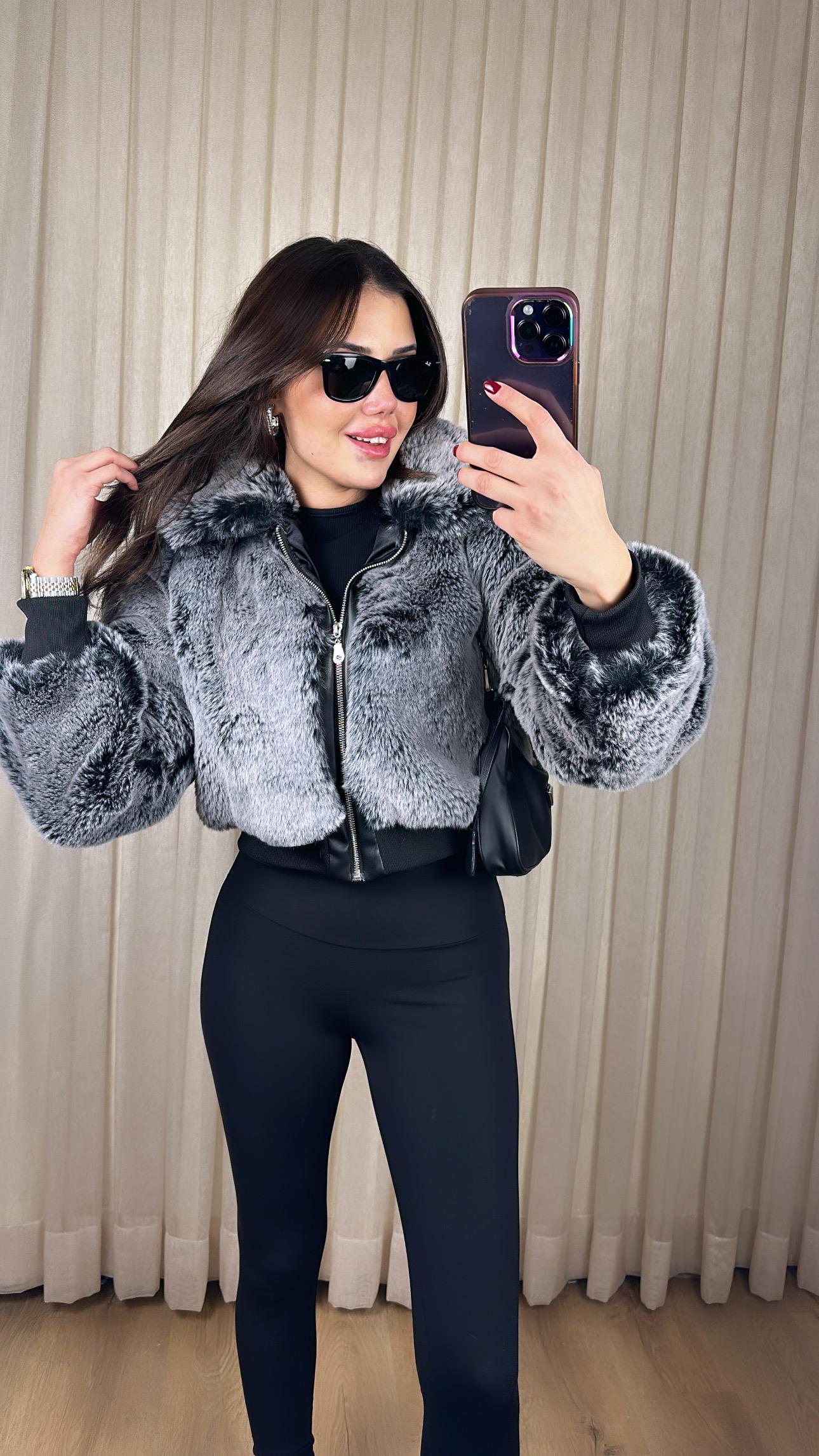 Premium Gri Bomber Kürk 