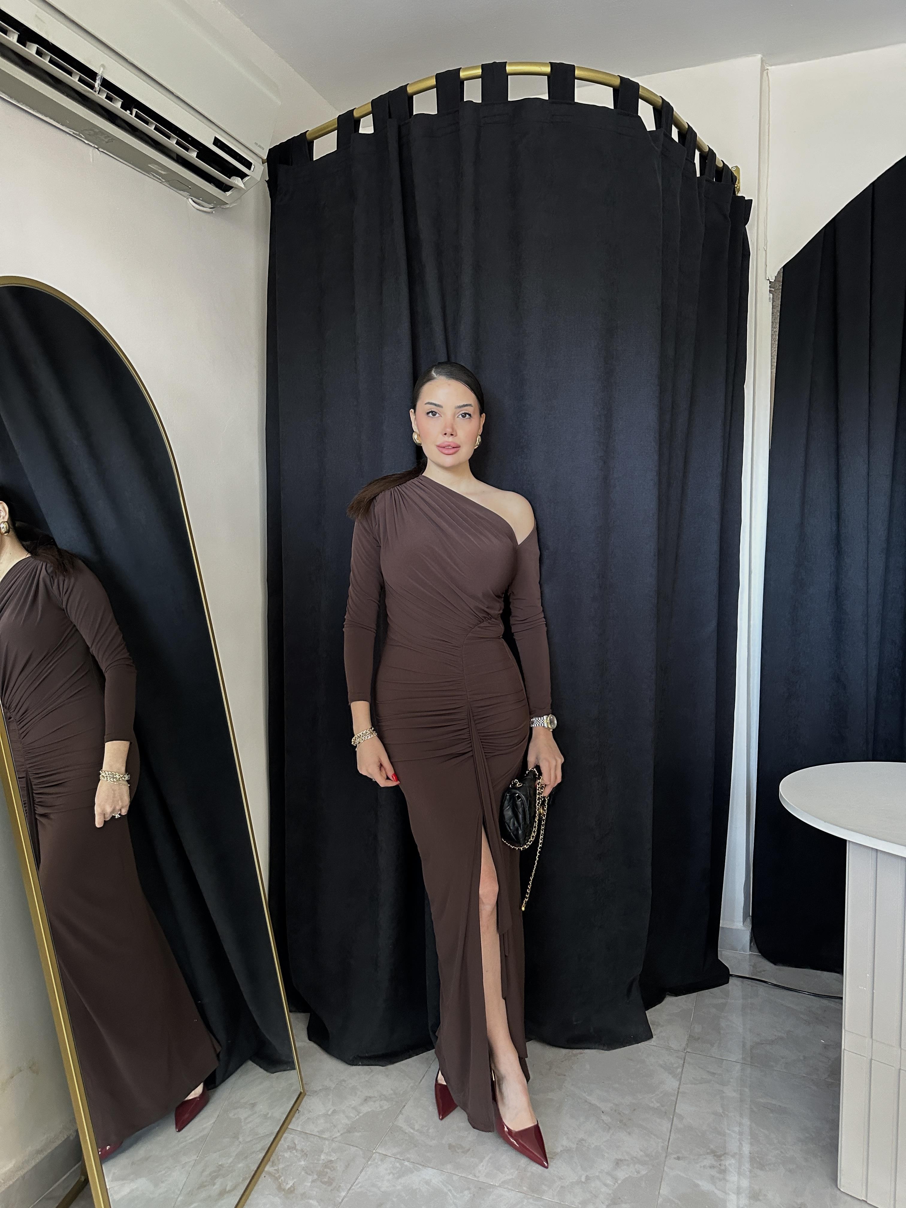 Premium Drape Detaylı Acı Kahve Elbise