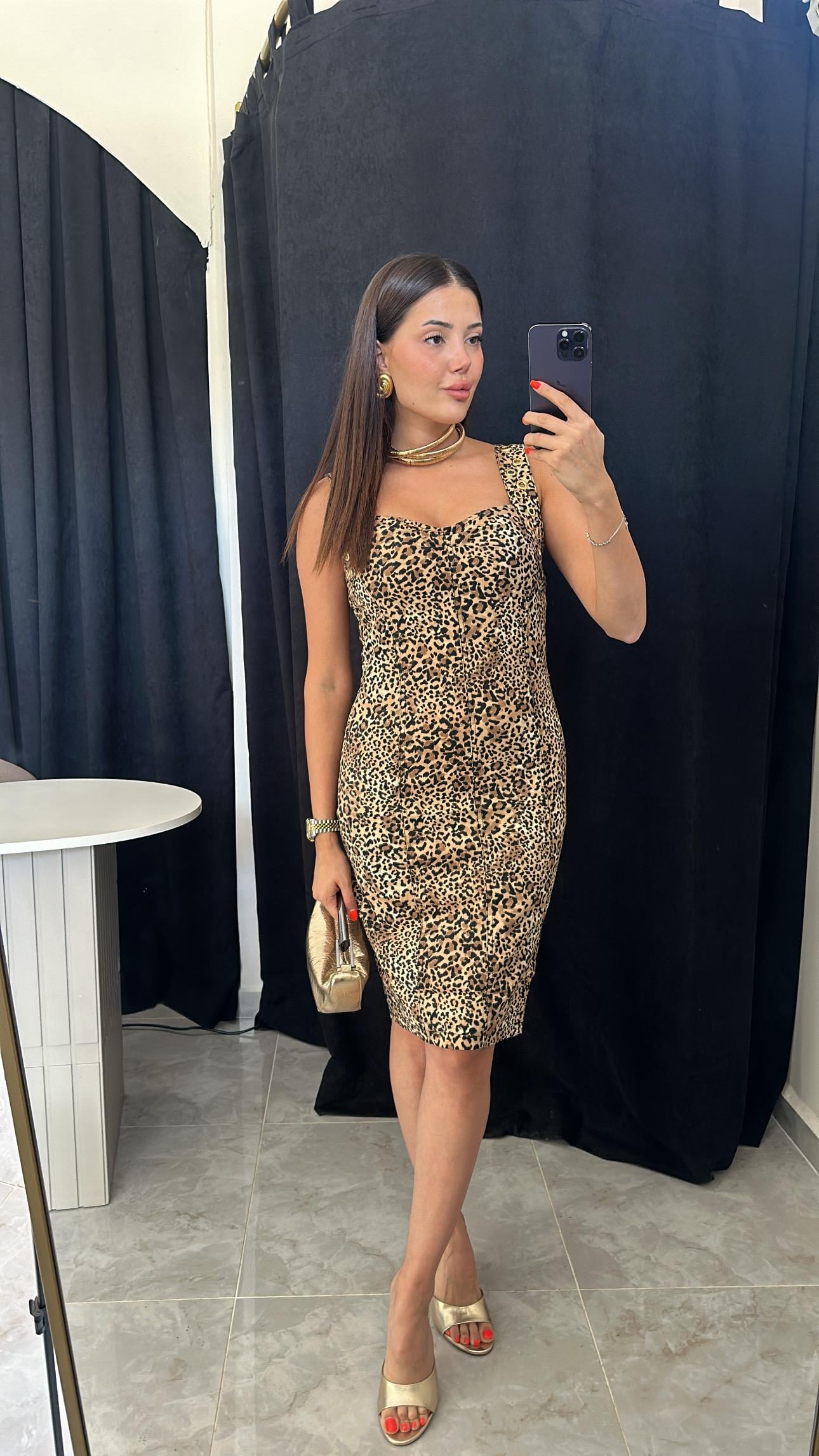 Leopar Gold Detaylı Midi Elbise