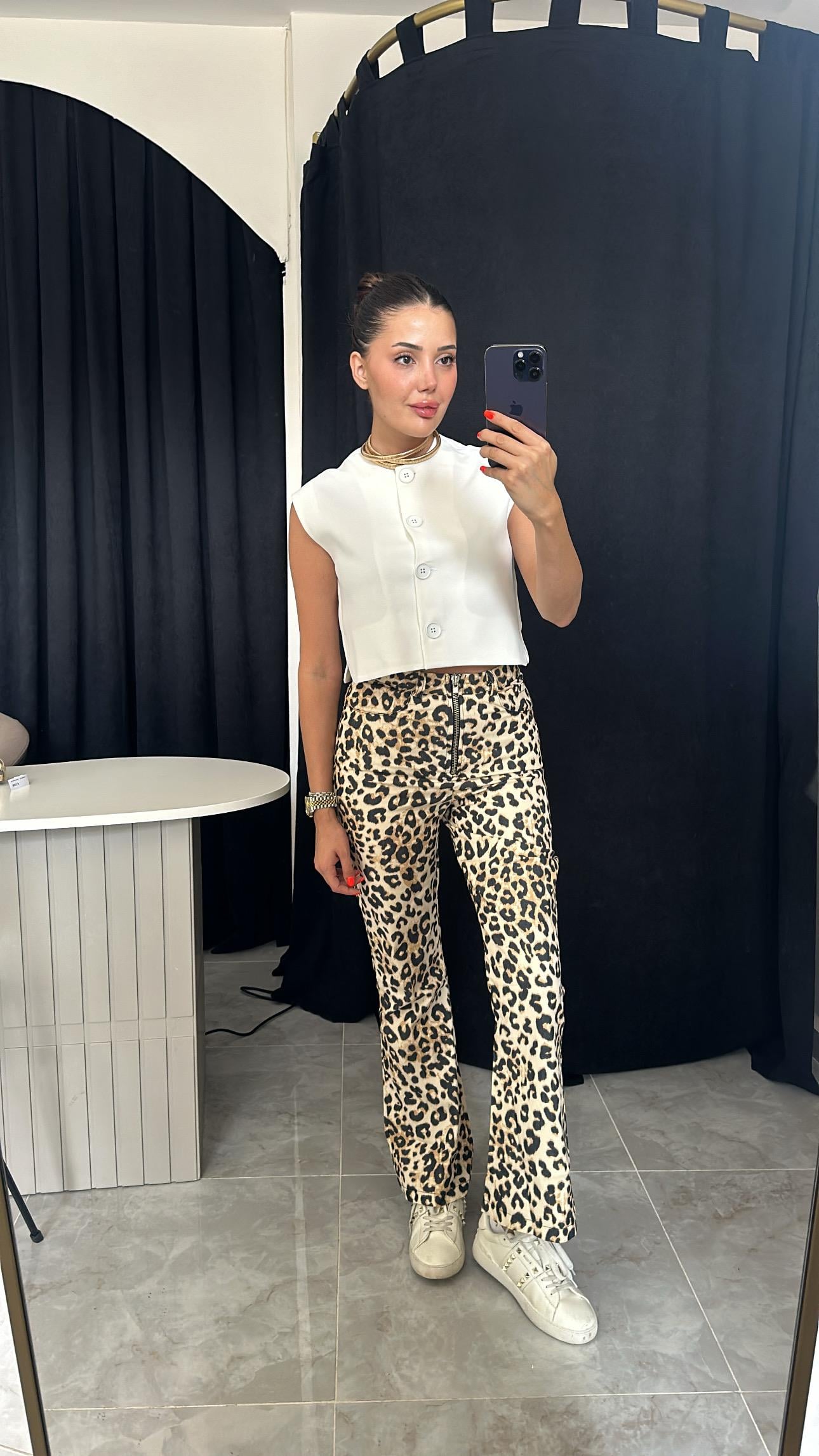 Leopar Fermuar Detaylı Flare Pantolon