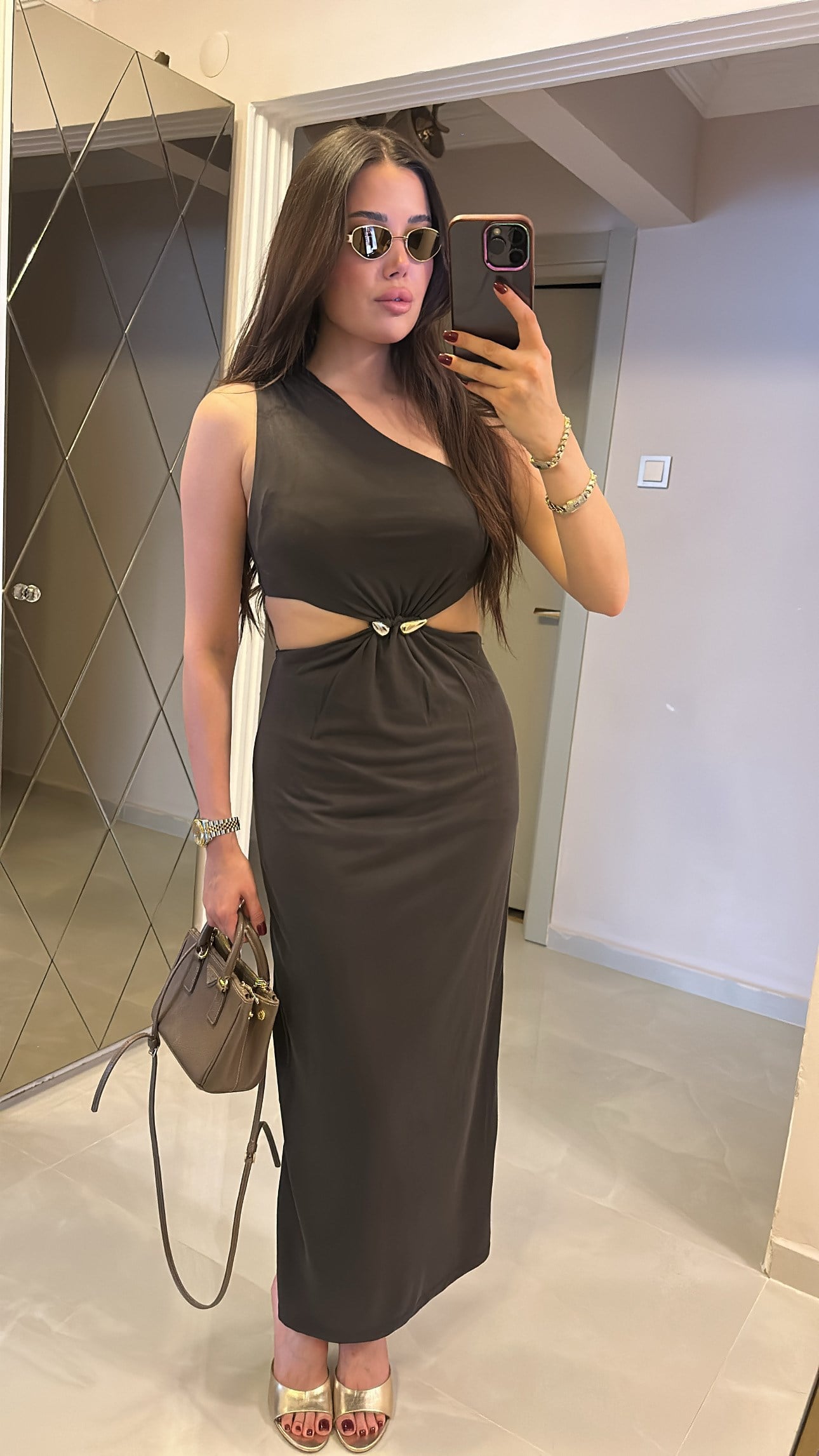 MODAL GOLD DETAYLI ELBISE-KAHVE