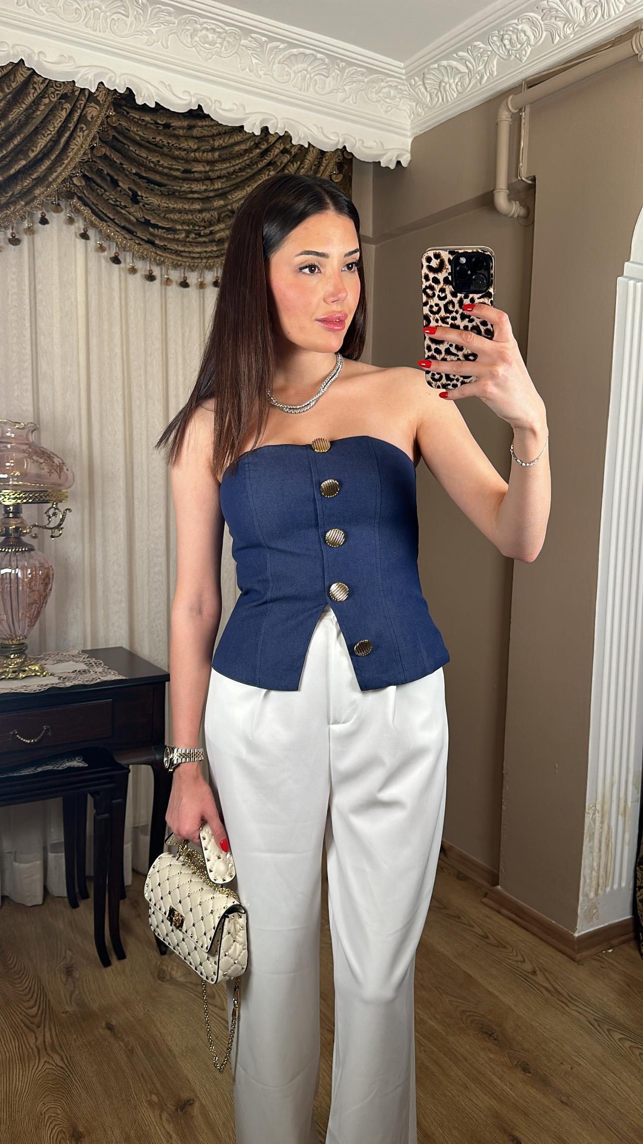 Gold Düğmeli Denim Büstiyer