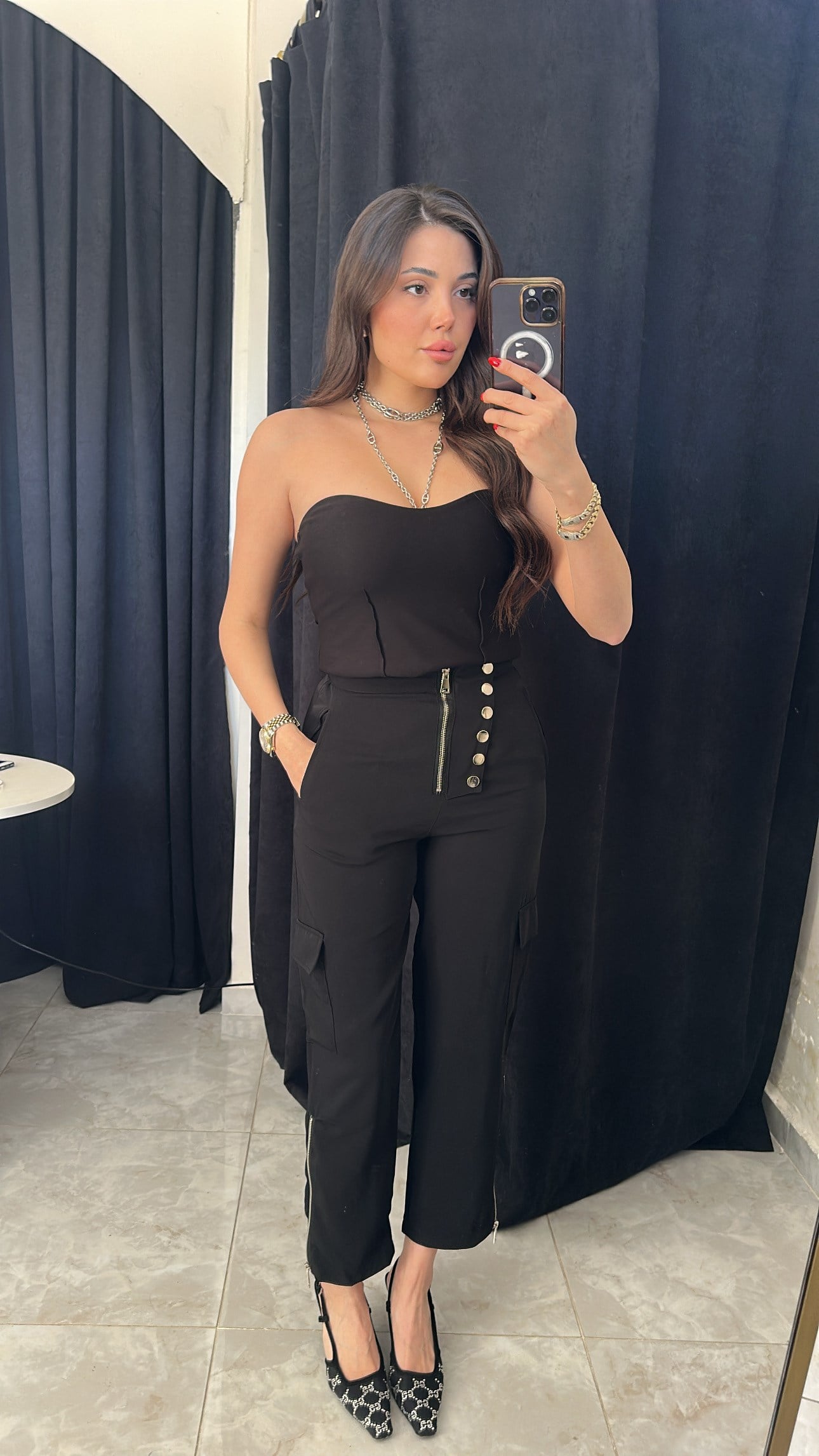 Düğme & Fermuar Detaylı Kargo Pantolon-Siyah