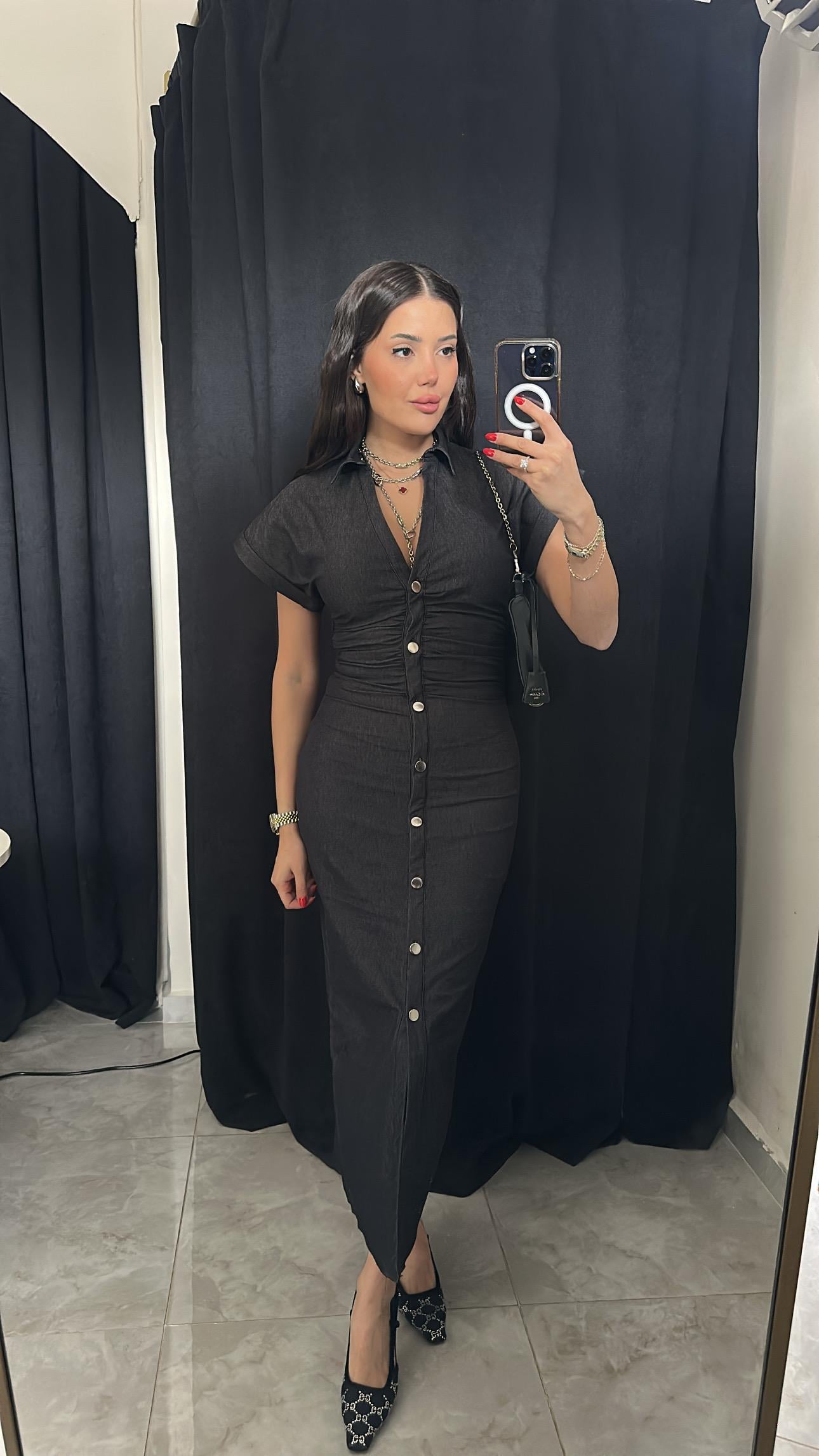 Likralı Denim Belden Oturan Midi Elbise