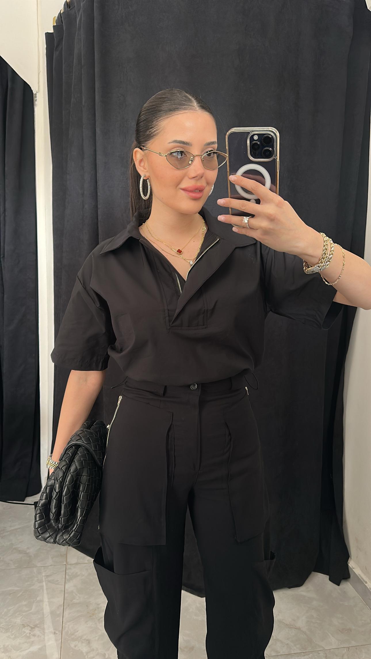 Siyah Poplin Fermuar Detaylı Beli Lastikli Bluz 