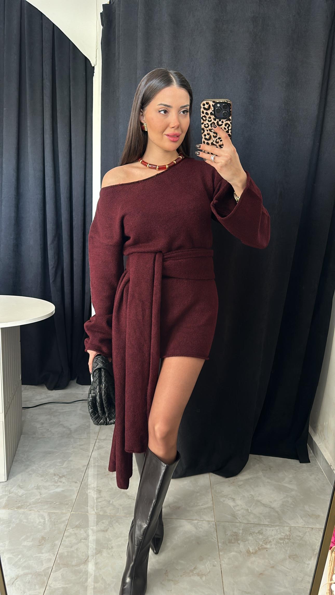Bordo Bağlama Detaylı Triko Elbise
