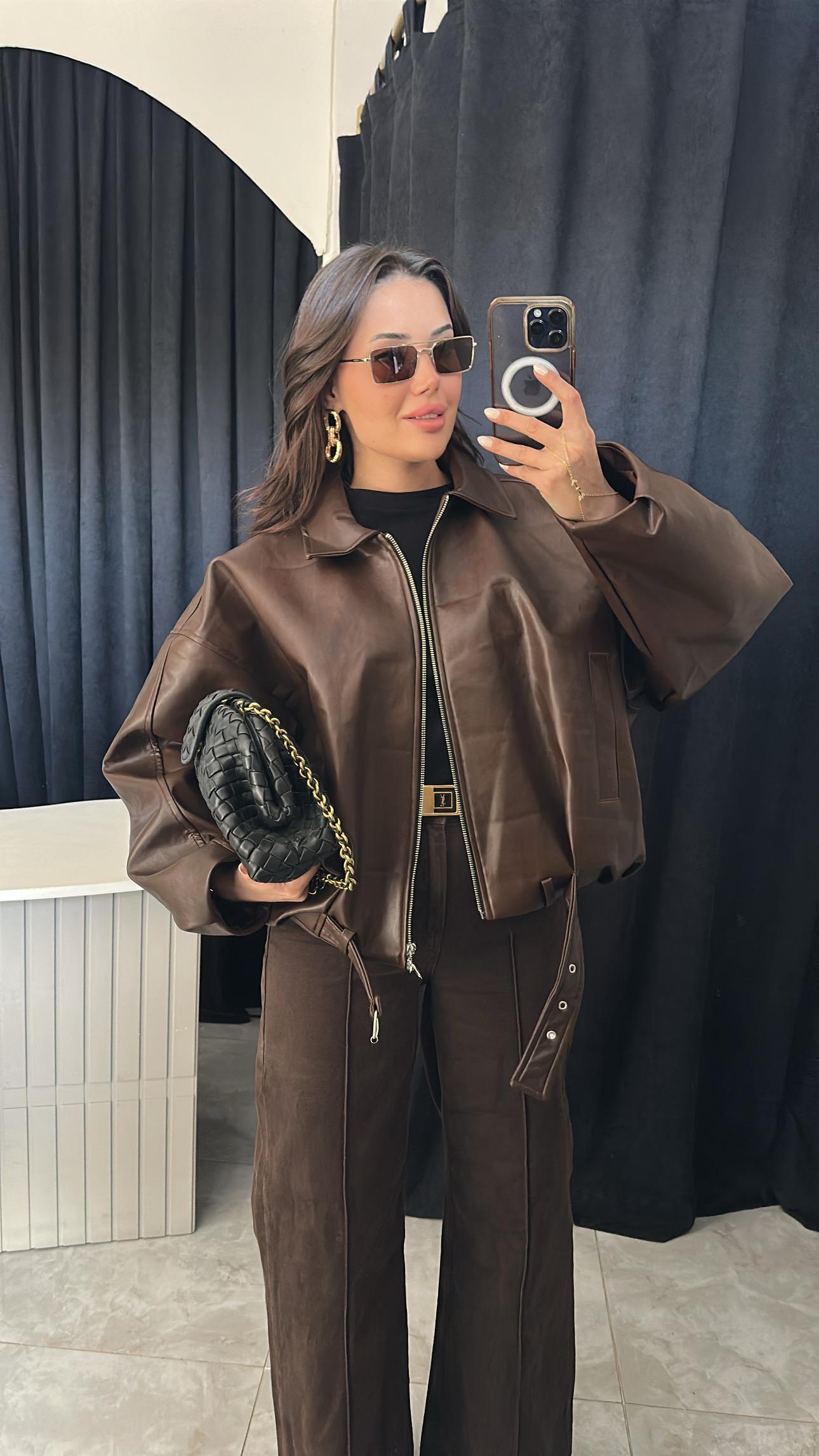 Oversize Biker Kahve Deri Ceket