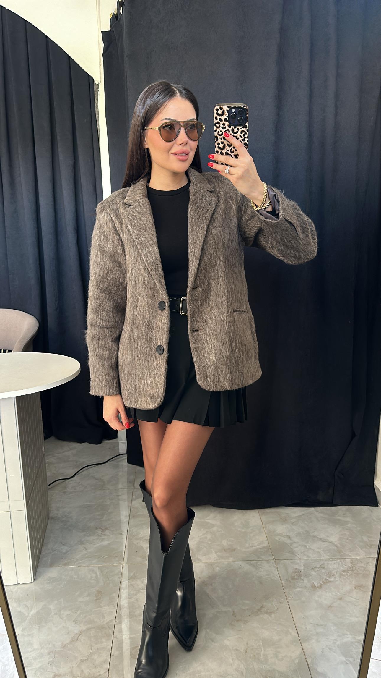 Dokulu Vizon Gri Kaşe Blazer