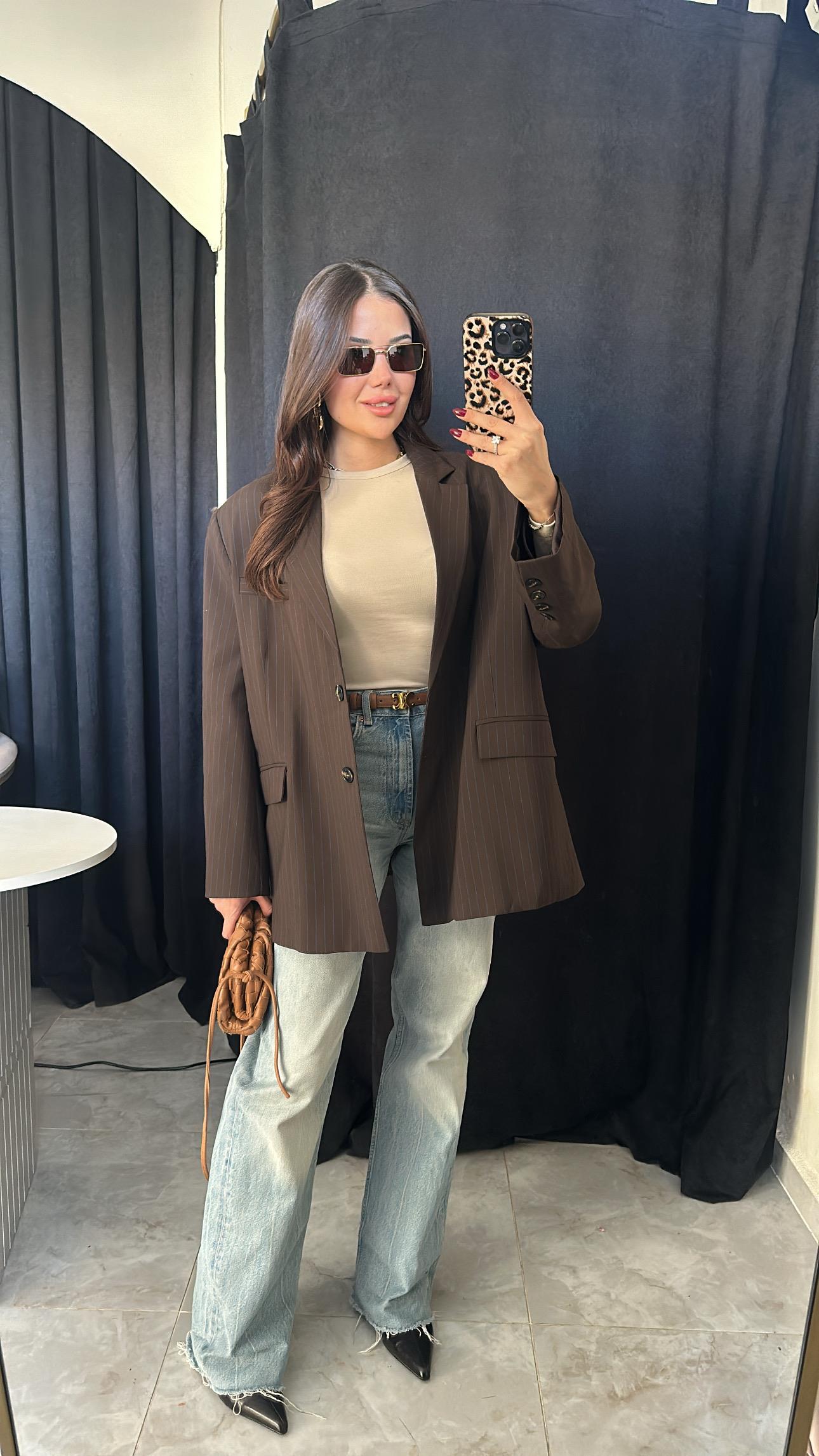 İnce Çizgili Oversize Acı Kahve Blazer