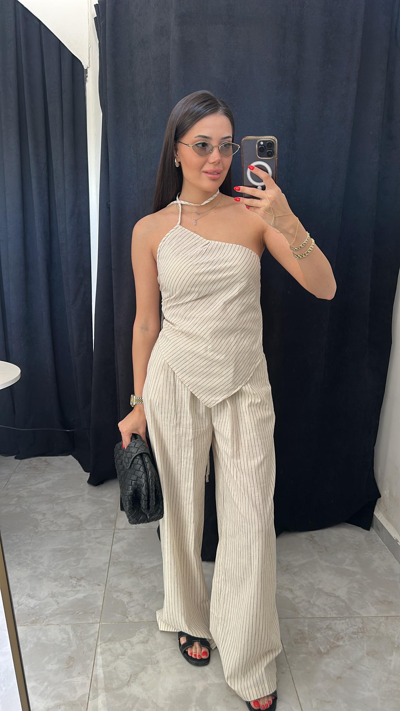 Tasarım Keten Çizgili Top & Pantolon Takım