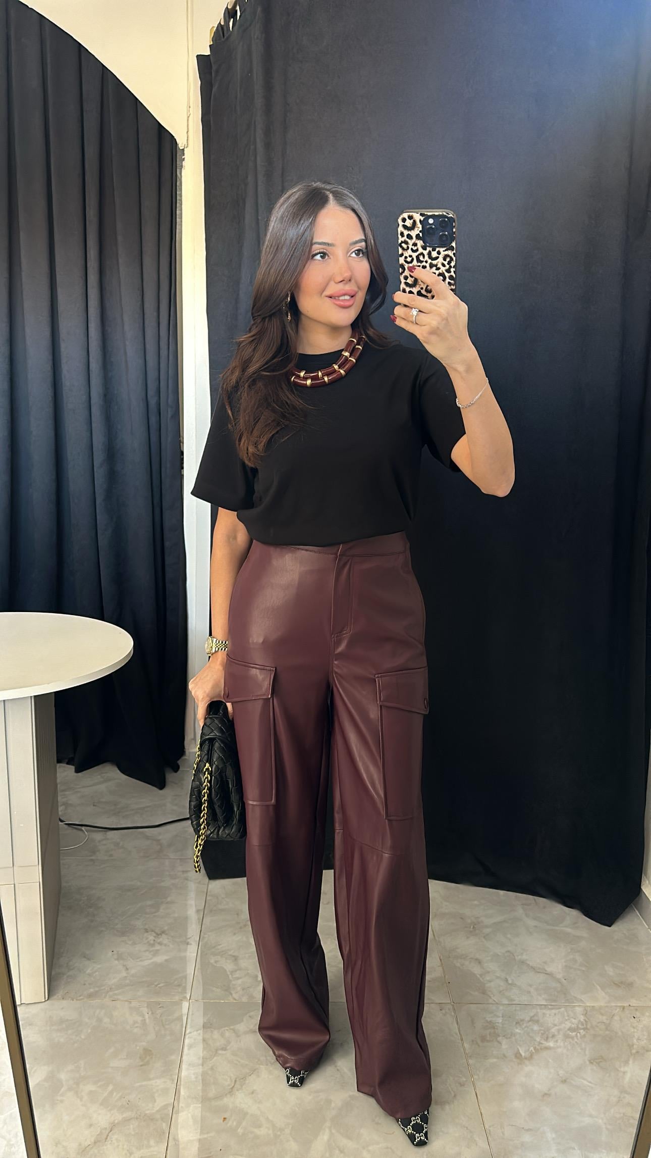 Bordo Şardonlu Kargo Model Deri Pantolon