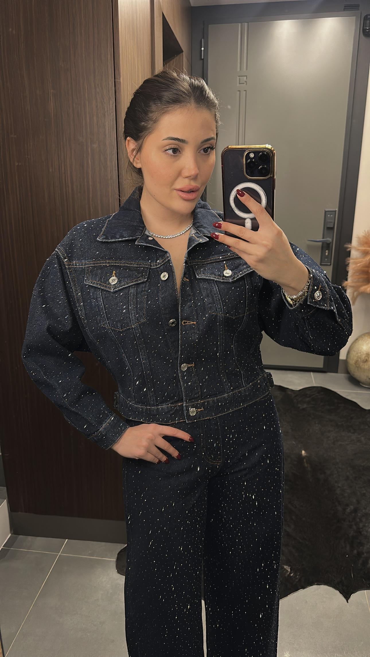 Premium Full Ön Arka Taşlı Denim Gömlek Ceket-Jean Rengi