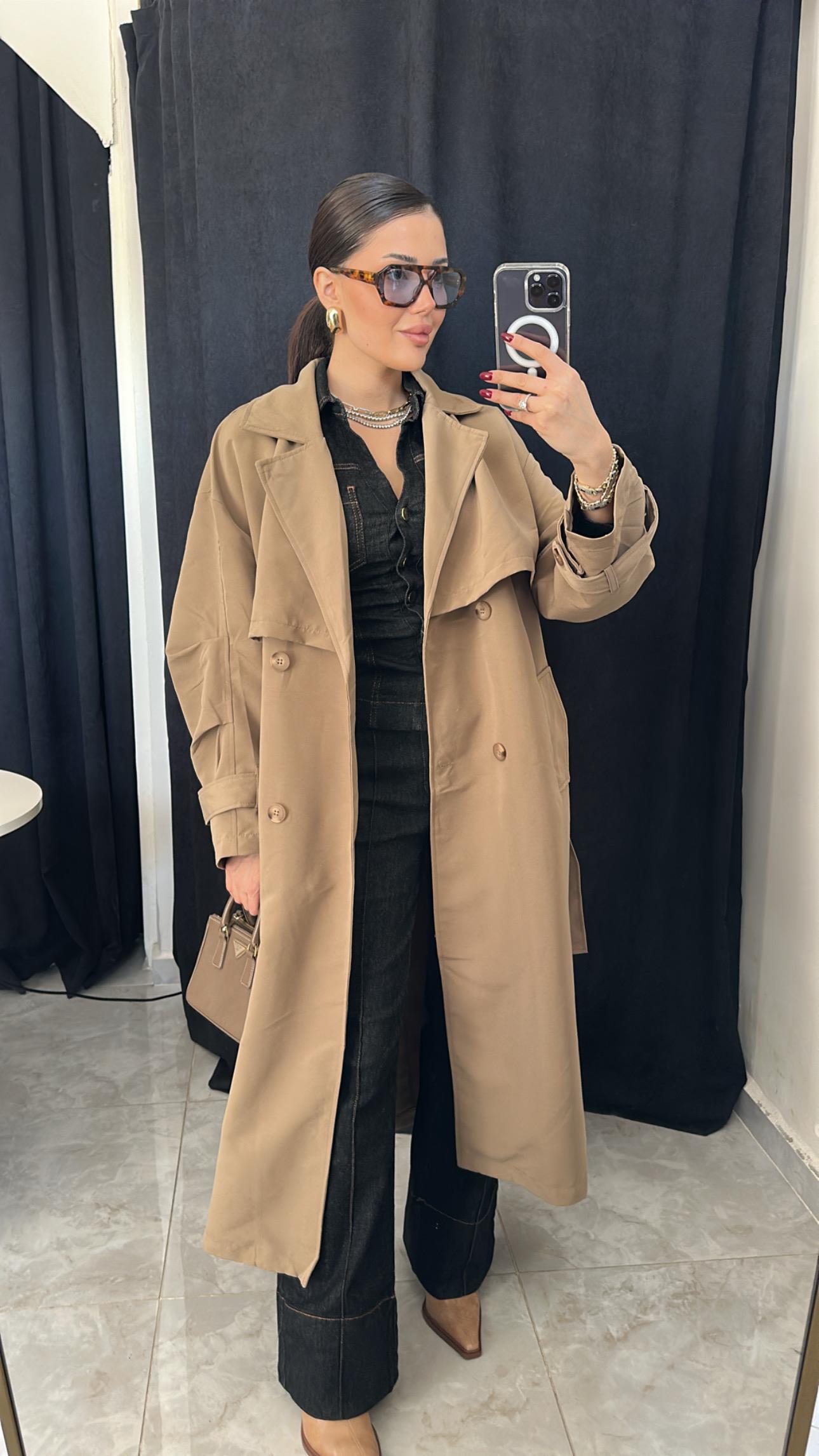 Premium Kuşaklı Kol Detaylı Taş Trenckot