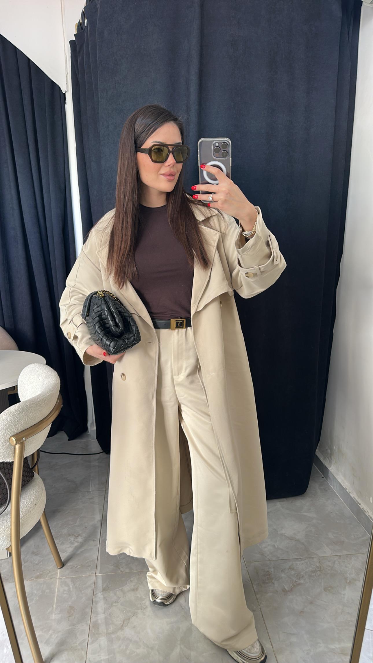Premium Kuşaklı Kol Detaylı Ekru Trenckot