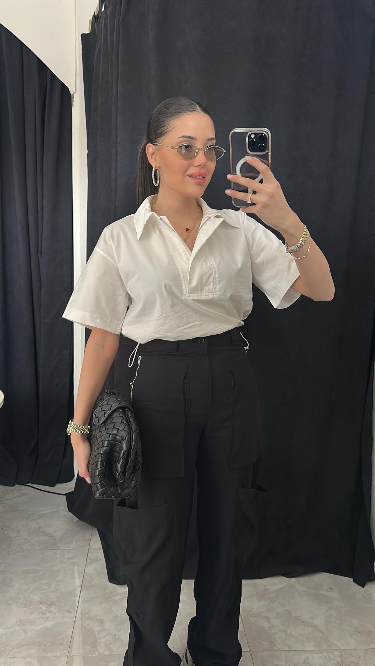 Beyaz Poplin Fermuar Detaylı Beli Lastikli Bluz 