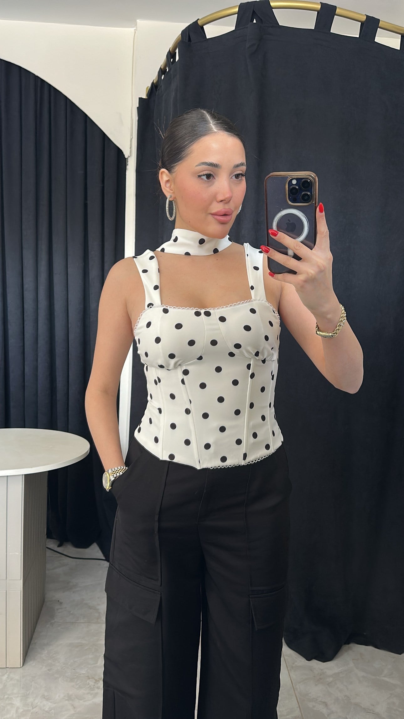 Puantiyeli Balenli Korse Top-Beyaz