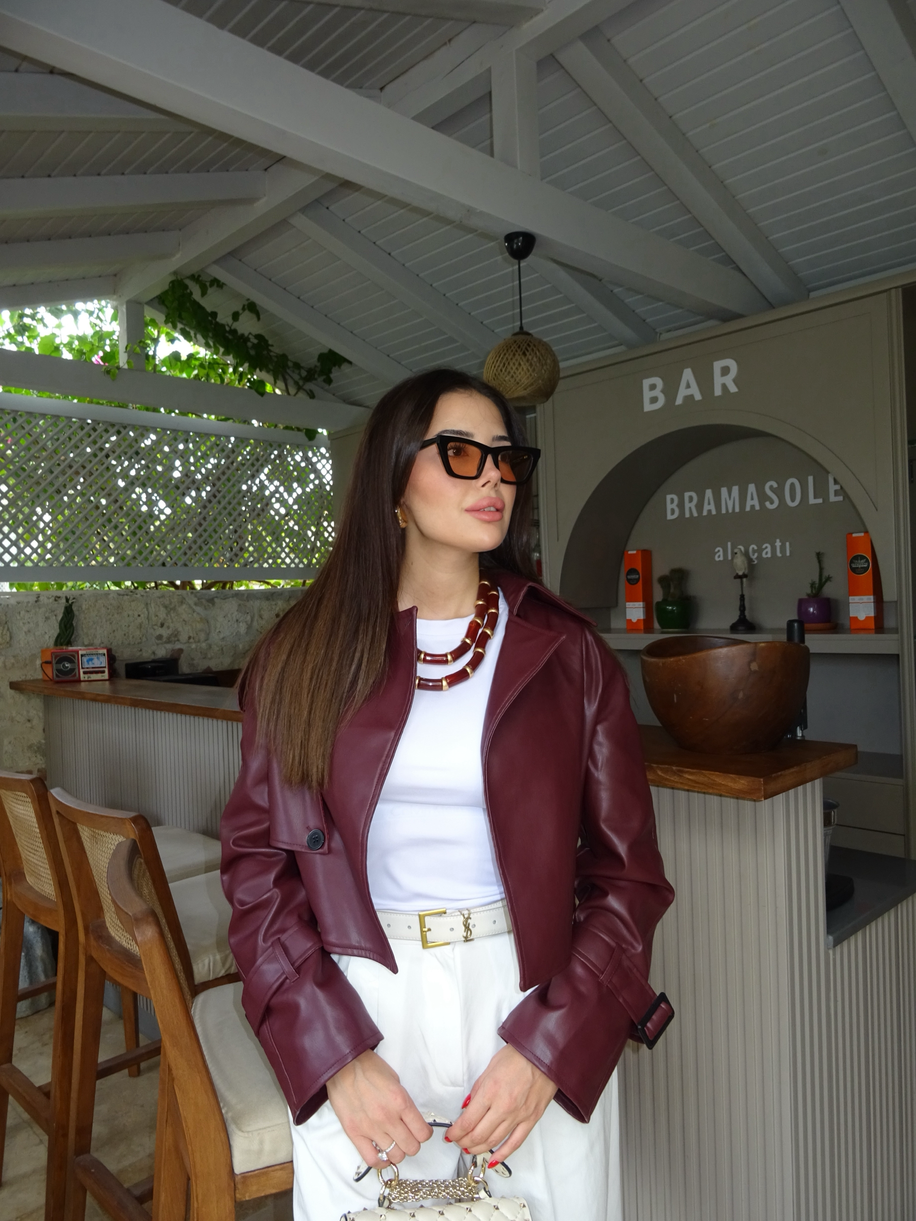 Bordo Tasarım Crop Deri Ceket