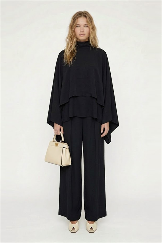 RAYON VISCON PELERİNLİ PİLELİ DİK YAKA BLUZ