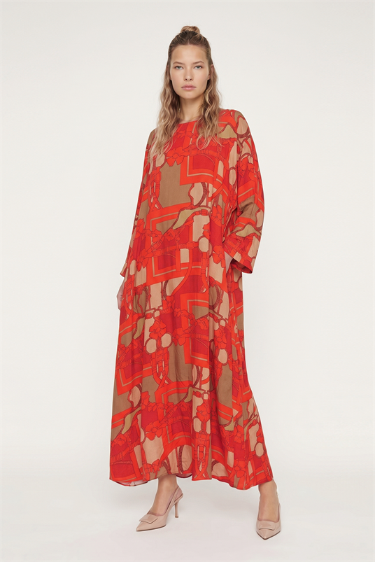 VISCON BLOKLU KEMENT DESENLİ YARASA KOL ELBİSE