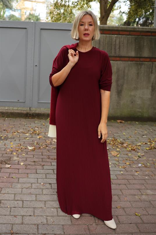 KREP JARSE ÖN VE ARKA BEDENİ PLİSELİ ELBİSE1