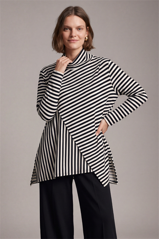 EN BOY ÇİZGİLİ VISCON COTTON DİK YAKA BLUZ
