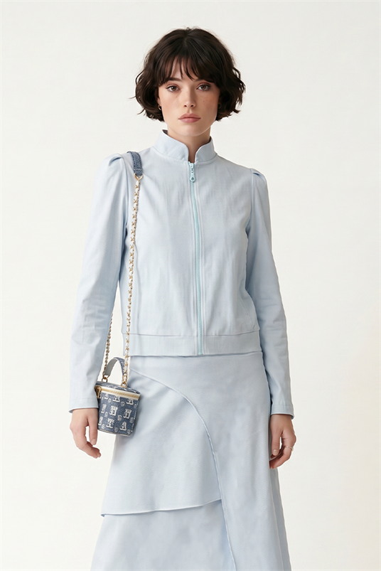 ÇİZGİLİ COTTON LYCRA OMUZLARI PİLELİ KISA MONT