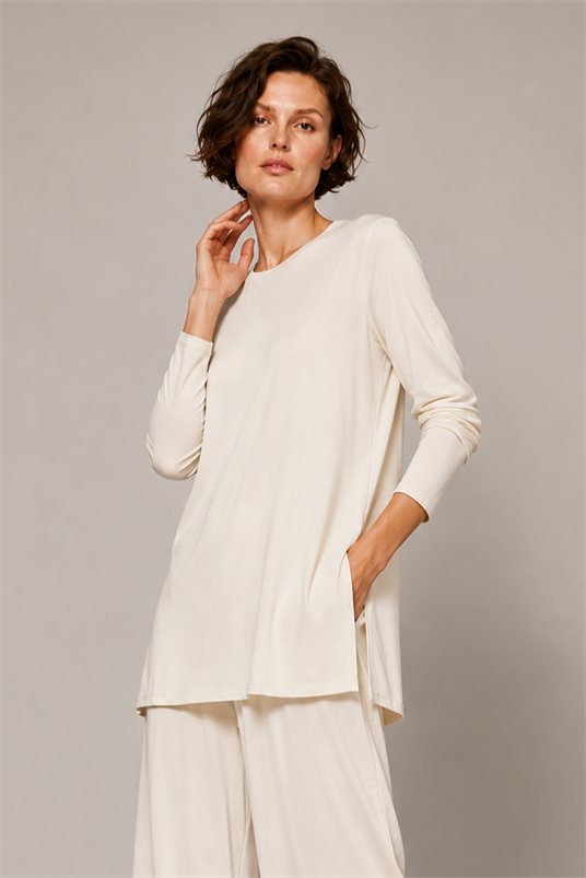 RAYON YUVARLAK YAKA BASIC UZUN BLUZ