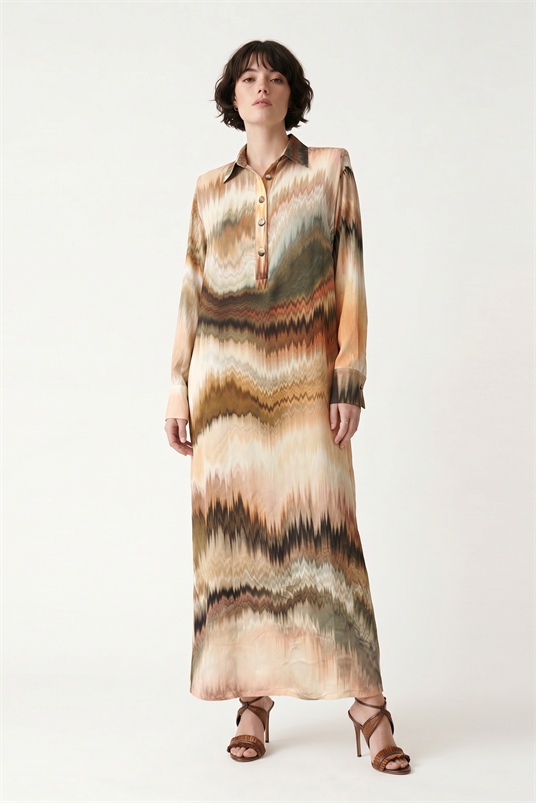 VISCON ZİKZAK DEGRADE BATİKLİ SÖMİZYE YAKA KISA PATLI ELBİSE