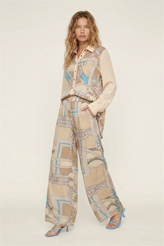 VISCON SATEN BLOKLU KEMENT DESENLİ BOL PAÇA PANTOLON