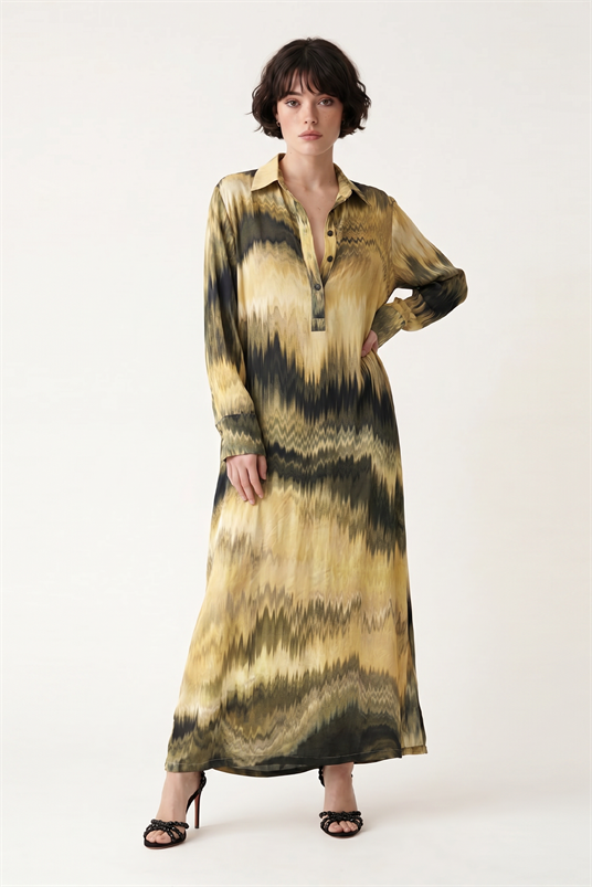 VISCON ZİKZAK DEGRADE BATİKLİ SÖMİZYE YAKA KISA PATLI ELBİSE