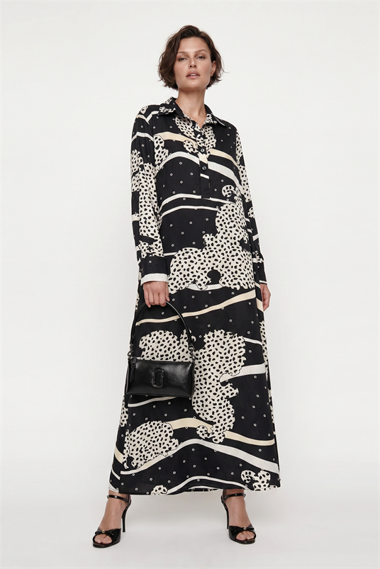 VISCON WESTERN PUANTİYE DESENLİ ŞÖMİZYE YAKA KISA PATLI ELBİSE