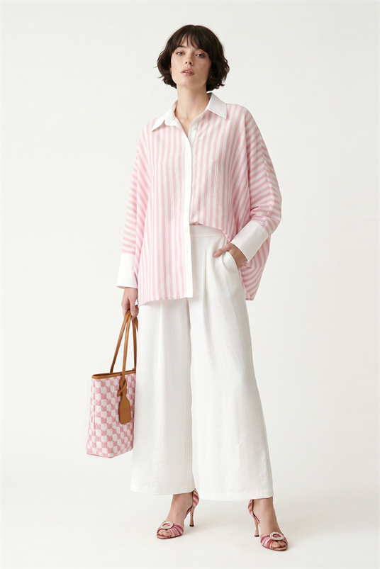 ÇİZGİLİ COTTON VUAL POPLİN GARNİLİ YARASA BLUZ