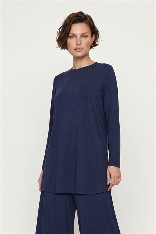 RAYON YUVARLAK YAKA BASIC UZUN BLUZ