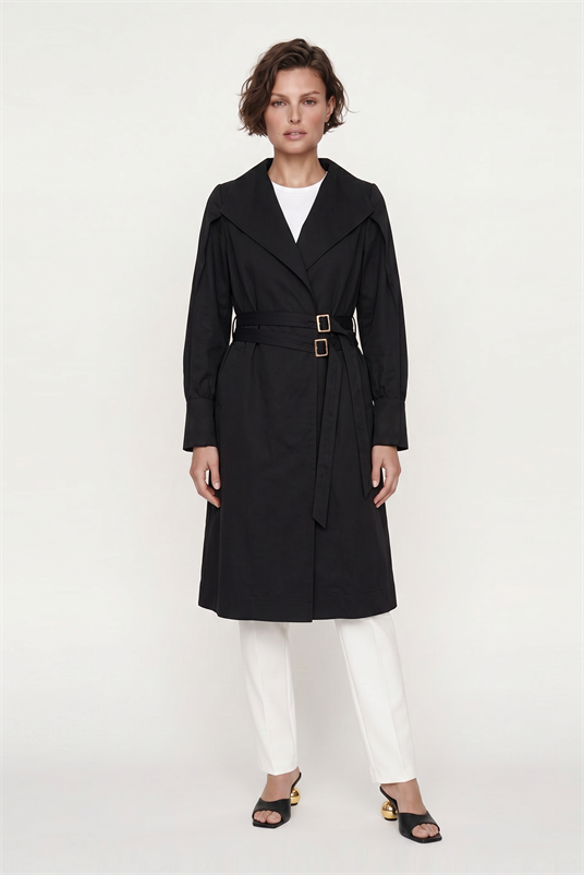 COTTON ÖNDEN KEMERLİ D TOKALI ŞAL YAKA CEKET