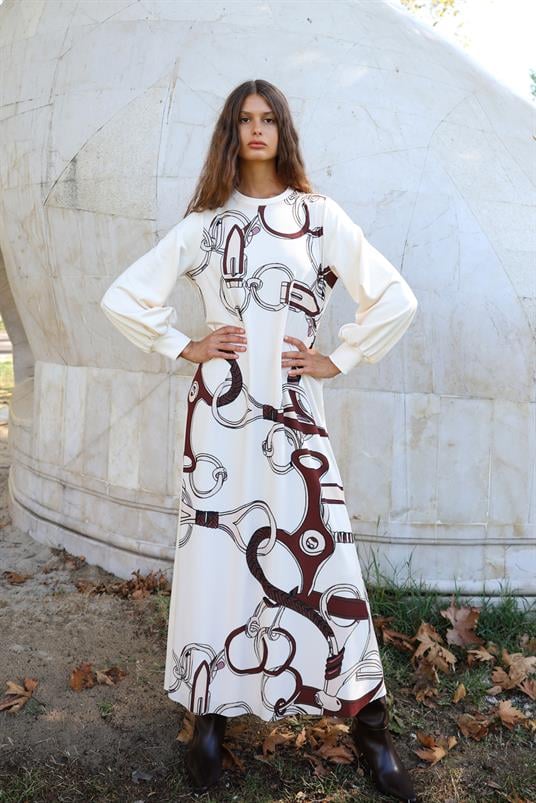 İNCE MODAL ÖNÜ BÜYÜK EL ÇİZİMİ RAIN DESENLİ ELBİSE